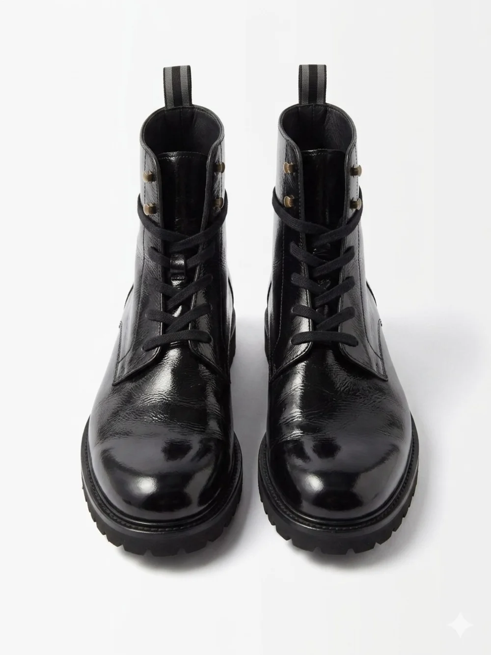 Mezlan Artisan Collection Black Patent Leather Combat Boots, Handmade in Spain